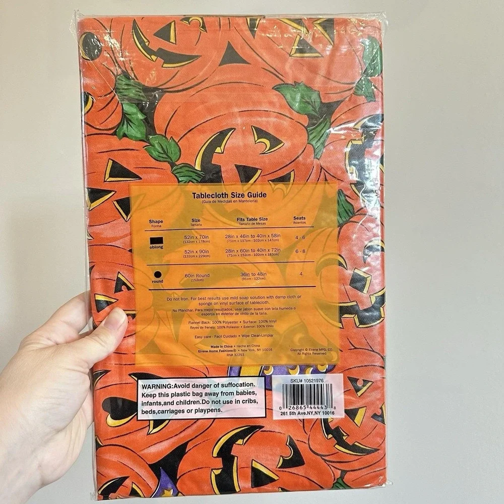 New VTG‎ Vinyl Halloween Tablecloth Jack O Lanterns Witch Hat Oblong 52x70
